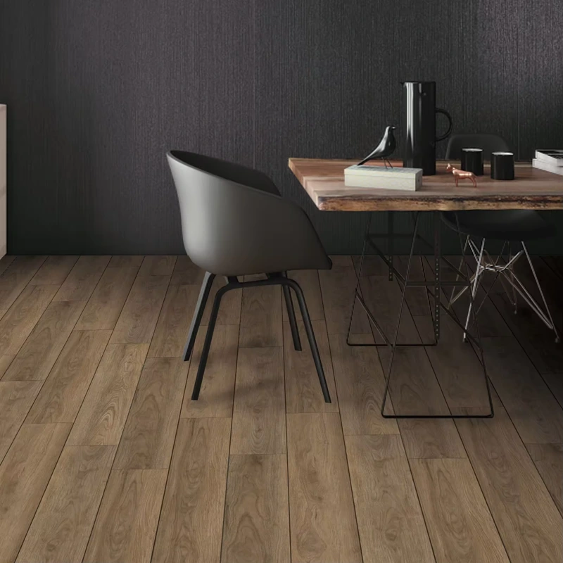 Dark walnut wood-look flooring in moody dining room