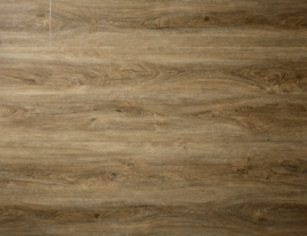 Medium brown LVT wood flooring with varied grain and oak-like texture.