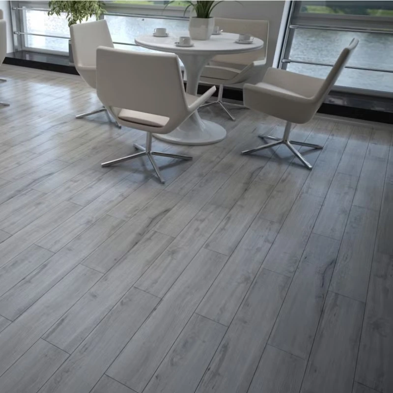 Grey wood-plank flooring in modern dining area