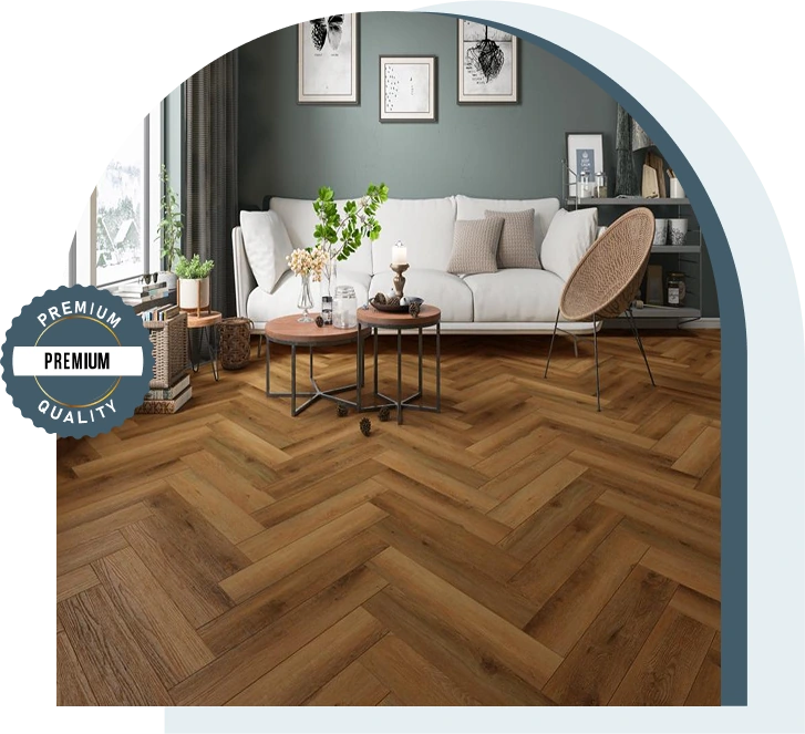 Modern living room with oak herringbone wood flooring.