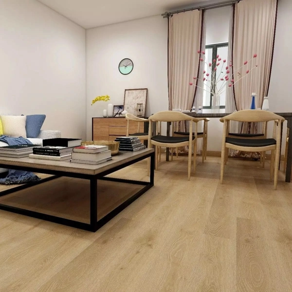 Modern living room with wood floors and dining table.