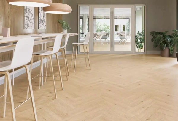 Modern office with light oak herringbone floors