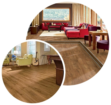 Modern wood flooring in living and recreational spaces.