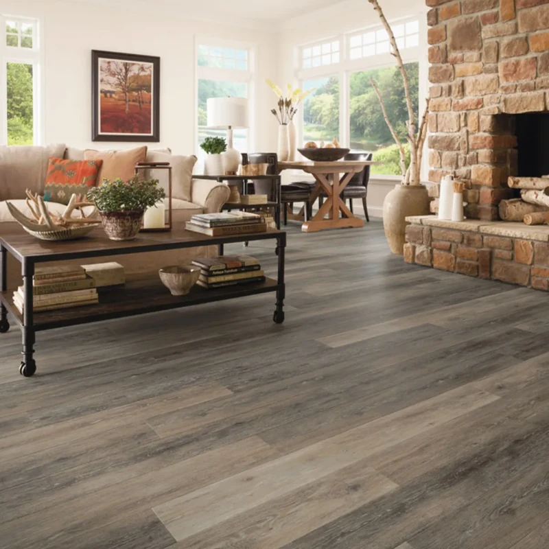 Rustic grey and tan wood-look flooring in living room